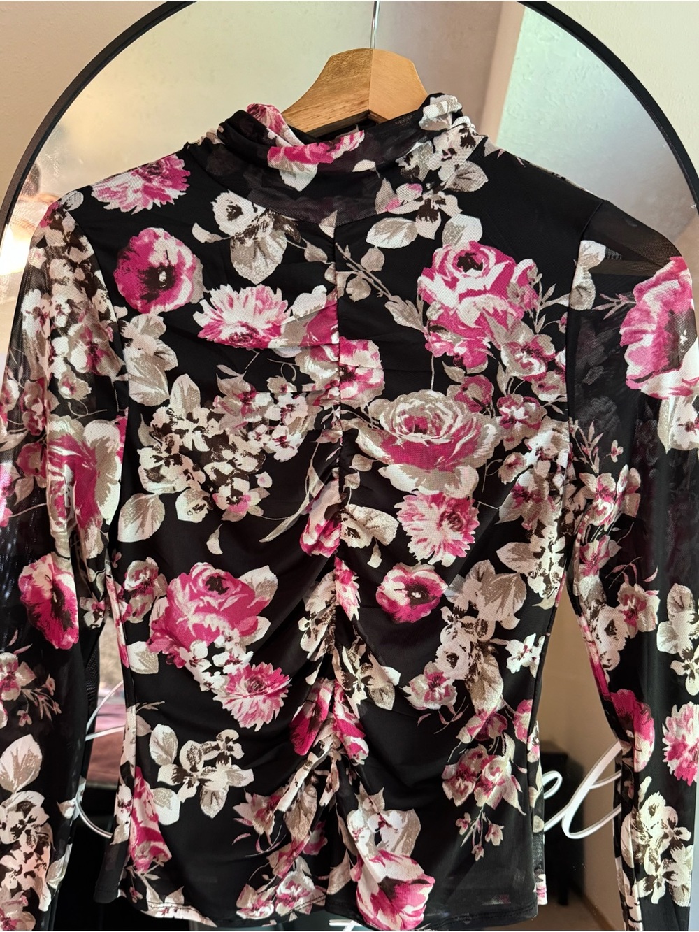 Sweet Rain Black Floral Ruched Mock Neck Tank Top